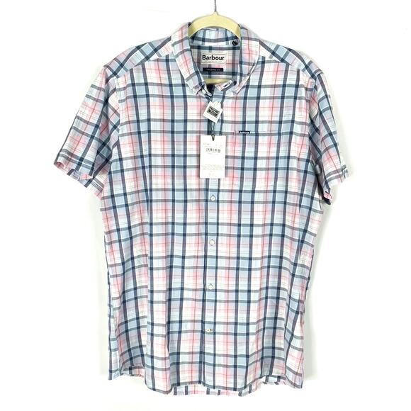 Barbour Furniss Tailored Shirt Pink Plaid Button Down Short Sleeve Sz L Men - Picture 4 of 12